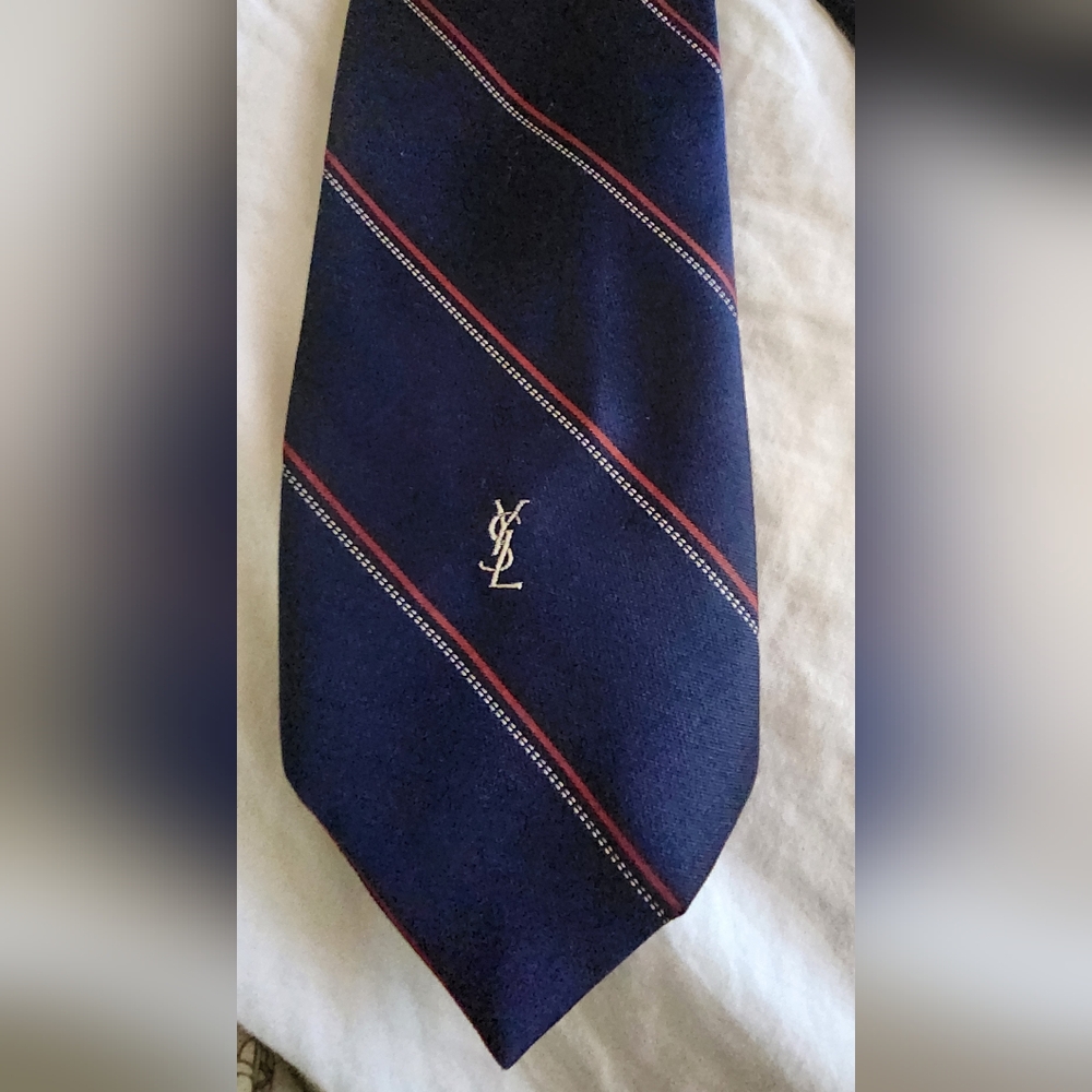 YVES SAINT LAURENT PARIS Vintage Designer Workwear TIE STRIPE YSL DEEP NAVY RED